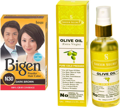 

Bigen DARK BROWN N30 with PURE COLD PRESSED SHEER SECRET OLIVE OIL 100 ML(Set of 2)
