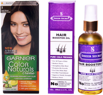 

Garnier BOX DARK BROWN NO. 3 with PURE COLD PRESSED SHEER SECRET HAIR BOOSTER OIL 100 ML(Set of 2)