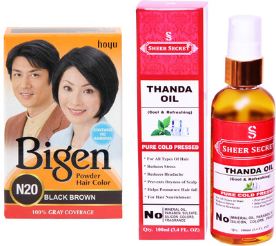 

Bigen BLACK BROWN N20 with PURE COLD PRESSED SHEER SECRET THANDA OIL 100 ML(Set of 2)