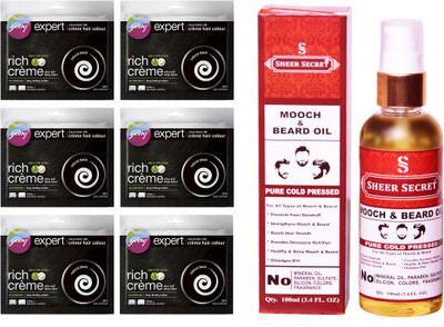 

Godrej 6 SACHET NATURAL BLACK NO. 1 with PURE COLD PRESSED SHEER SECRET MOOCH AND BEARD OIL 100 ML(Set of 2)