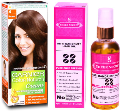 

Garnier BOX NATURAL BROWN NO. 4 with PURE COLD PRESSED SHEER SECRET ANTI DANDRUFF OIL 100 ML(Set of 2)