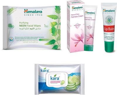 

Himalaya Kara Skin Care Wipes, Purifying Neem Facial Wipes, Natural Fairness Glow Cream, Lip Balm(Set of 4)