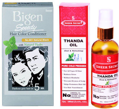 

Bigen SPEEDY NATURAL BLACK NO. 881 with PURE COLD PRESSED SHEER SECRET THANDA OIL 100 ML(Set of 2)