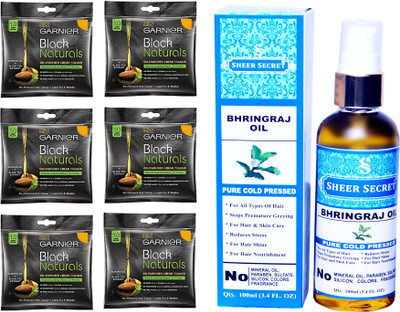 

Garnier 6 SACHET DEEP BLACK NO. 1 with PURE COLD PRESSED SHEER SECRET BHRINGRAJ OIL 100 ML(Set of 2)