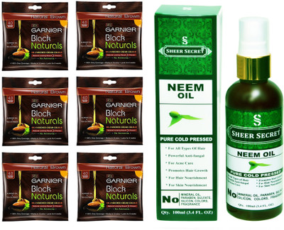 

Garnier 6 SACHET NATURAL BROWN NO. 4 with PURE COLD PRESSED SHEER SECRET NEEM OIL 100 ML(Set of 2)