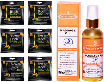 

Garnier 6 SACHET ORIGINAL BLACK NO. 2 with PURE COLD PRESSED SHEER SECRET MASSAGE OIL 100 ML(Set of 2)