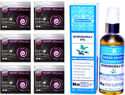 

Godrej 6 SACHET BURGUNDY NO. 3.16 with PURE COLD PRESSED SHEER SECRET BHRINGRAJ OIL 100 ML(Set of 2)