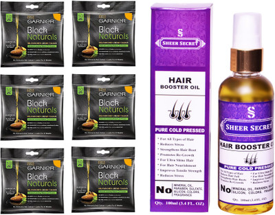 

Garnier 6 SACHET DEEP BLACK NO. 1 with PURE COLD PRESSED SHEER SECRET HAIR BOOSTER OIL 100 ML(Set of 2)