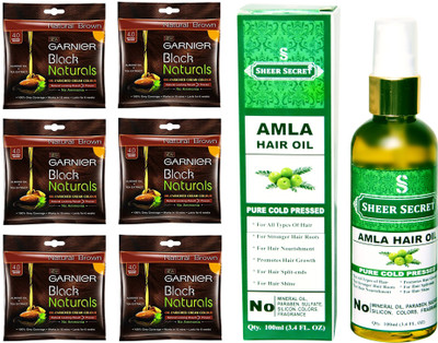 

Garnier 6 SACHET NATURAL BROWN NO. 4 with PURE COLD PRESSED SHEER SECRET AMLA HAIR OIL 100 ML(Set of 2)