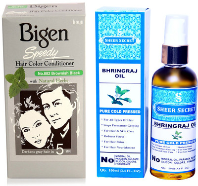 

Bigen SPEEDY BROWNISH BLACK NO. 882 with PURE COLD PRESSED SHEER SECRET BHRINGRAJ OIL 100 ML(Set of 2)