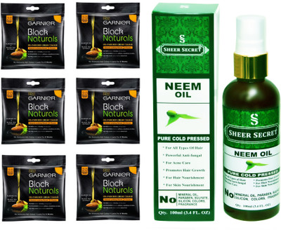 

Garnier 6 SACHET ORIGINAL BLACK NO. 2 with PURE COLD PRESSED SHEER SECRET NEEM OIL 100 ML(Set of 2)