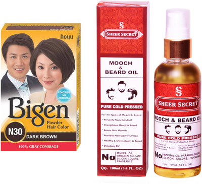 

Bigen DARK BROWN N30 with PURE COLD PRESSED SHEER SECRET MOOCH AND BEARD OIL 100 ML(Set of 2)