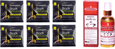 

Garnier 6 SACHET BROWN BLACK NO. 3 with PURE COLD PRESSED SHEER SECRET MOOCH AND BEARD OIL 100 ML(Set of 2)