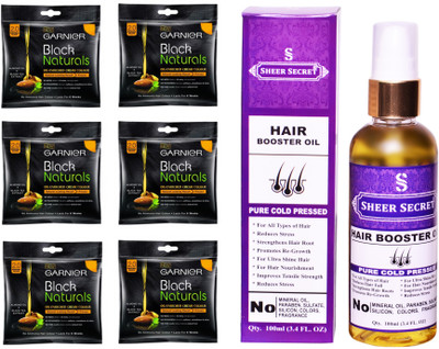 

Garnier 6 SACHET ORIGINAL BLACK NO. 2 with PURE COLD PRESSED SHEER SECRET HAIR BOOSTER OIL 100 ML(Set of 2)