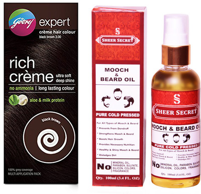 

Godrej BOX BLACK BROWN NO. 3 with PURE COLD PRESSED SHEER SECRET MOOCH AND BEARD OIL 100 ML(Set of 2)