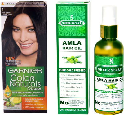 

Garnier BOX DARK BROWN NO. 3 with PURE COLD PRESSED SHEER SECRET AMLA HAIR OIL 100 ML(Set of 2)