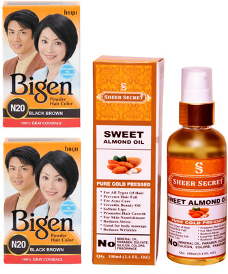 

Bigen 2 BLACK BROWN N20 with PURE COLD PRESSED SHEER SECRET SWEET ALMOND OIL 100 ML(Set of 2)