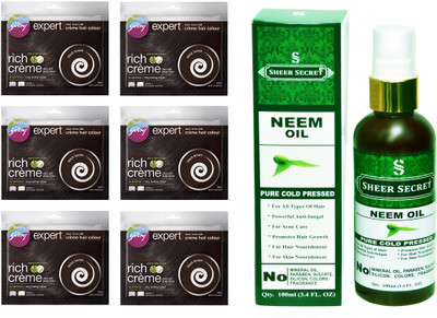 

Godrej 6 SACHET BLACK BROWN NO. 3 with PURE COLD PRESSED SHEER SECRET NEEM OIL 100 ML(Set of 2)