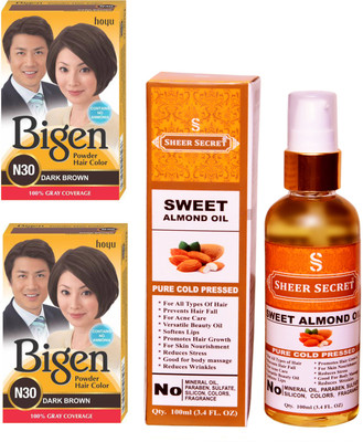 

Bigen 2 DARK BROWN N30 with PURE COLD PRESSED SHEER SECRET SWEET ALMOND OIL 100 ML(Set of 2)