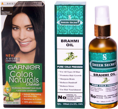 

Garnier BOX DARK BROWN NO. 3 with PURE COLD PRESSED SHEER SECRET BRAHMI OIL 100 ML(Set of 2)