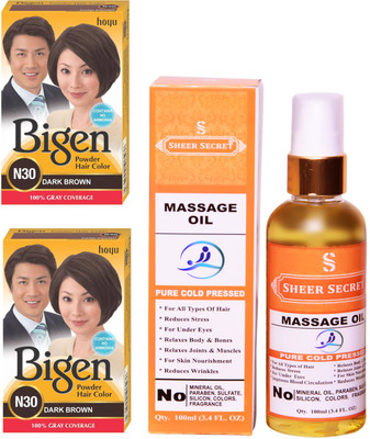 

Bigen 2 DARK BROWN N30 with PURE COLD PRESSED SHEER SECRET MASSAGE OIL 100 ML(Set of 2)
