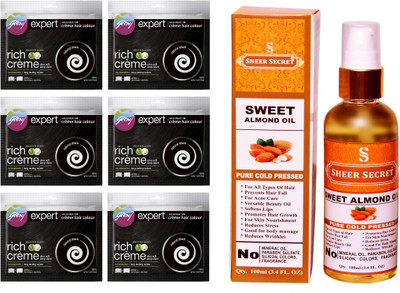 

Godrej 6 SACHET NATURAL BLACK NO. 1 with PURE COLD PRESSED SHEER SECRET SWEET ALMOND OIL 100 ML(Set of 2)