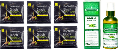 

Garnier 6 SACHET BROWN BLACK NO. 3 with PURE COLD PRESSED SHEER SECRET AMLA HAIR OIL 100 ML(Set of 2)