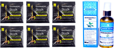 

Garnier 6 SACHET BROWN BLACK NO. 3 with PURE COLD PRESSED SHEER SECRET BHRINGRAJ OIL 100 ML(Set of 2)
