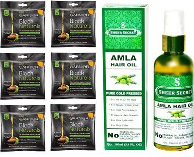 

Garnier 6 SACHET DEEP BLACK NO. 1 with PURE COLD PRESSED SHEER SECRET AMLA HAIR OIL 100 ML(Set of 2)