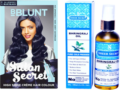 

BBlunt SALON SECRET BLUEBERRY BLUE BLACK NO. 2.10 with PURE COLD PRESSED SHEER SECRET BHRINGRAJ OIL 100 ML(Set of 2)