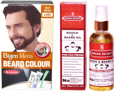 

Bigen BEARD DARK BROWN NO. 103 with PURE COLD PRESSED SHEER SECRET MOOCH AND BEARD OIL 100 ML(Set of 2)