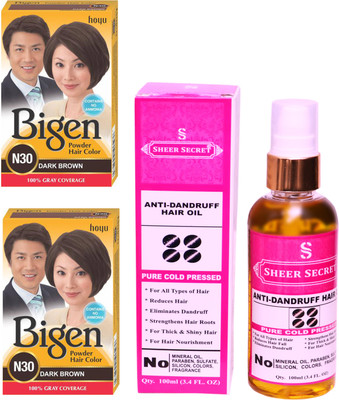 

Bigen 2 DARK BROWN N30 with PURE COLD PRESSED SHEER SECRET ANTI DANDRUFF OIL 100 ML(Set of 2)