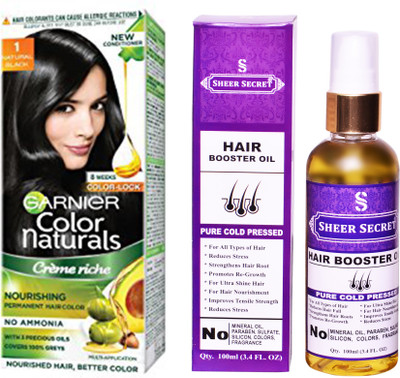 

Garnier BOX NATURAL BLACK NO. 1 with PURE COLD PRESSED SHEER SECRET HAIR BOOSTER OIL 100 ML(Set of 2)