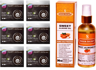 

Godrej 6 SACHET BLACK BROWN NO. 3 with PURE COLD PRESSED SHEER SECRET SWEET ALMOND OIL 100 ML(Set of 2)