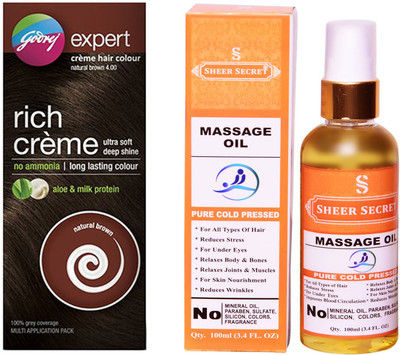 

Godrej BOX NATURAL BROWN NO. 4 with PURE COLD PRESSED SHEER SECRET MASSAGE OIL 100 ML(Set of 2)