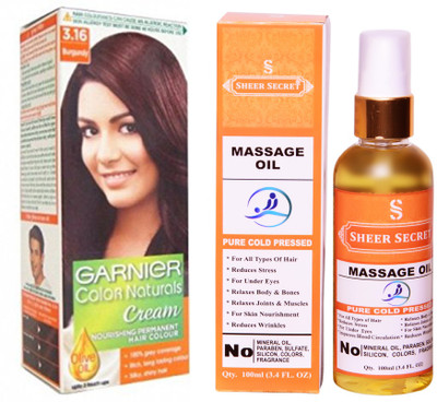 

Garnier BOX BURGUNDY NO. 3.16 with PURE COLD PRESSED SHEER SECRET MASSAGE OIL 100 ML(Set of 2)
