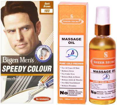 

Bigen SPEEDY DARK BROWN NO. 103 with PURE COLD PRESSED SHEER SECRET MASSAGE OIL 100 ML(Set of 2)