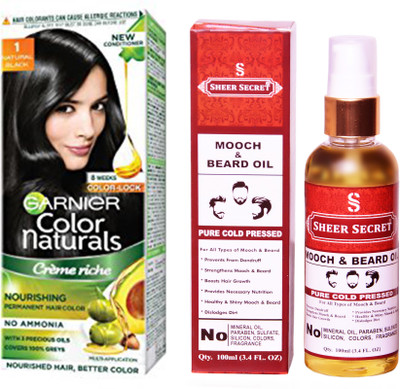 

Garnier BOX NATURAL BLACK NO. 1 with PURE COLD PRESSED SHEER SECRET MOOCH AND BEARD OIL 100 ML(Set of 2)