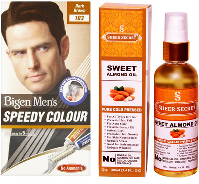 

Bigen SPEEDY DARK BROWN NO. 103 with PURE COLD PRESSED SHEER SECRET SWEET ALMOND OIL 100 ML(Set of 2)