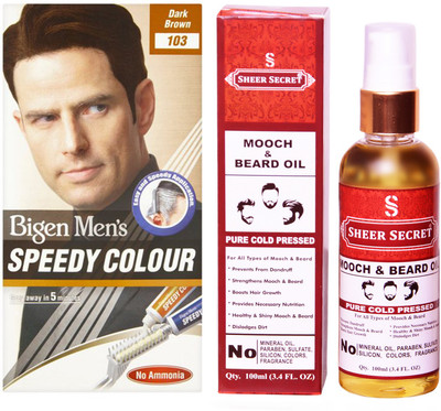 

Bigen SPEEDY DARK BROWN NO. 103 with PURE COLD PRESSED SHEER SECRET MOOCH AND BEARD OIL 100 ML(Set of 2)