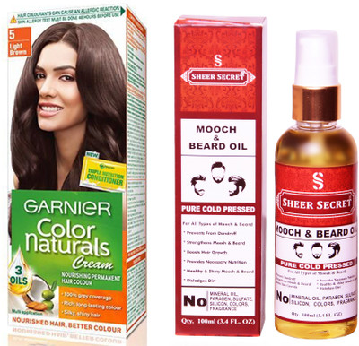 

Garnier BOX LIGHT BROWN NO. 5 with PURE COLD PRESSED SHEER SECRET MOOCH AND BEARD OIL 100 ML(Set of 2)