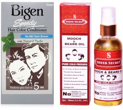 

Bigen SPEEDY DARK BROWN NO. 883 with PURE COLD PRESSED SHEER SECRET MOOCH AND BEARD OIL 100 ML(Set of 2)