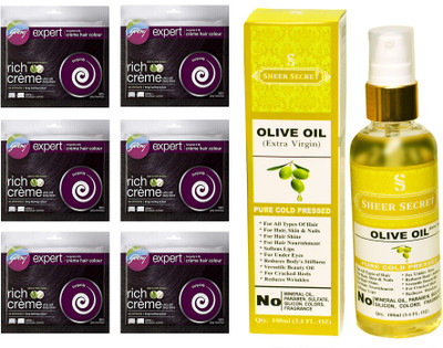 

Godrej 6 SACHET BURGUNDY NO. 3.16 with PURE COLD PRESSED SHEER SECRET OLIVE OIL 100 ML(Set of 2)