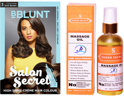 

BBlunt SALON SECRET CHOCOLATE DARK BROWN NO. 3 with PURE COLD PRESSED SHEER SECRET MASSAGE OIL 100 ML(Set of 2)