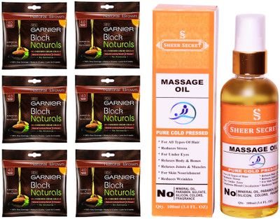 

Garnier 6 SACHET NATURAL BROWN NO. 4 with PURE COLD PRESSED SHEER SECRET MASSAGE OIL 100 ML(Set of 2)