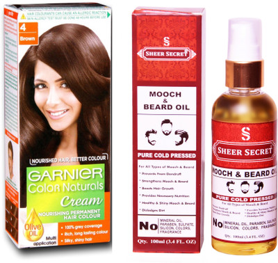 

Garnier BOX NATURAL BROWN NO. 4 with PURE COLD PRESSED SHEER SECRET MOOCH AND BEARD OIL 100 ML(Set of 2)