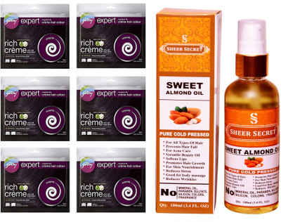 

Godrej 6 SACHET BURGUNDY NO. 3.16 with PURE COLD PRESSED SHEER SECRET SWEET ALMOND OIL 100 ML(Set of 2)