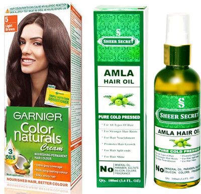 

Garnier BOX LIGHT BROWN NO. 5 with PURE COLD PRESSED SHEER SECRET AMLA HAIR OIL 100 ML(Set of 2)