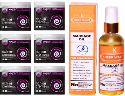 

Godrej 6 SACHET BURGUNDY NO. 3.16 with PURE COLD PRESSED SHEER SECRET MASSAGE OIL 100 ML(Set of 2)