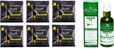 

Garnier 6 SACHET BROWN BLACK NO. 3 with PURE COLD PRESSED SHEER SECRET NEEM OIL 100 ML(Set of 2)